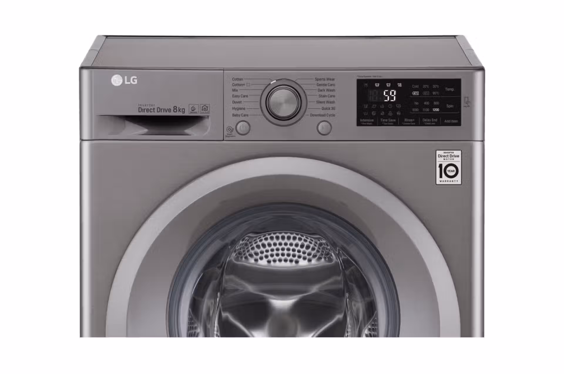 Lave-linge Machine à laver LG à chargement frontal (lavage uniquement), Capacité de charge : 8 kg, Argent, Moteur Inverter Direct Drive, 6 Mouvements associés DD, Diagnostic intelligent