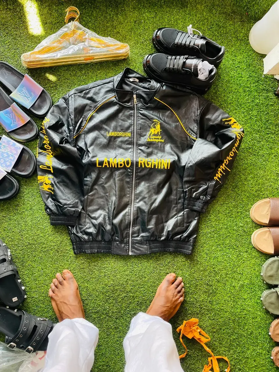 Jacket bomber en cuir noir Formula One F1 Lamborghini