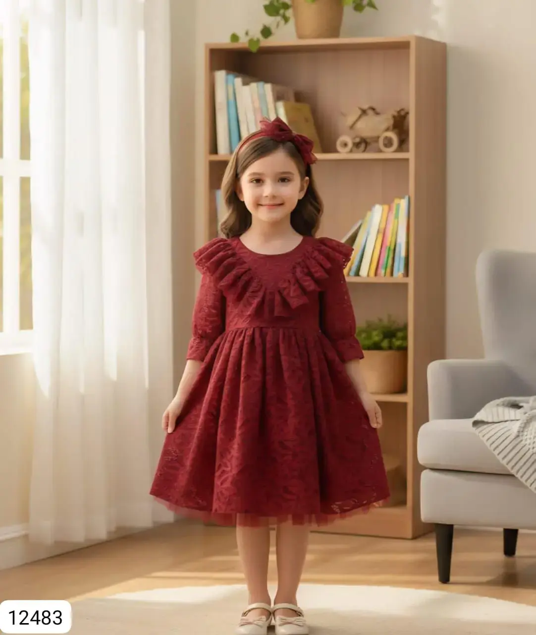 Robe bordeaux à manches trois quarts pour fille
